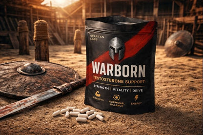 Warborn testosterone support supplement packaging with Roman helmet design on a historical battlefield background.